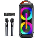 JYX Karaoke Anlage mit 2 drahtlosen Mikrofonen, Großer Lautsprecher Bluetooth mit Rädern und Disco Lichtern, Subwoofer PA System, Party Karaoke Maschine Unterstützung TWS/USB/SD Karte/AUX/Rec new