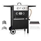 Gasgriddle Grill aus Edelstahl, 2 Brenner, 5.8kW, Gas Grillwagen mit Beistelltische und Abdeckung, Mobiler, Kleiner Gasgrill für Balkon Camping BBQ, Schwarz