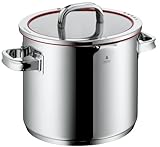 WMF Function 4 Gemüse- Suppentopf Induktion 24cm, Glasdeckel, Kochtopf groß 8,8l, Cromargan Edelstahl poliert, 4 Abgießfunktionen, Innenskalierung, Nudeltopf rot