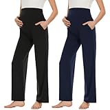 Ecavus Damen Umstandshose weit/gerade, vielseitig, bequem, Palazzo Loungehose, Stretch, Schwangerschaftshose mit Taschen, Schwarz/Marineblau, Groß