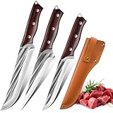 Welan Profi-Metzger-Messerset 3-teilig, Ausbeinmesser (29,5cm), Hackbeil (27,6cm) & Spickmesser (26cm), Handpoliert, Extrascharf, Ergonomischer Lila-Holzgriff mit Lederscheide