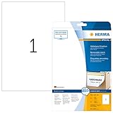 HERMA 10021 Universal Etiketten ablösbar, 25 Blatt, 210 x 297 mm, 1 pro A4 Bogen, 25 Stück, selbstklebend, bedruckbar, matt, blanko Papier Klebeetiketten Aufkleber, weiß