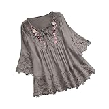 Musselin Bluse Damen Kurzarm Leinenbluse mit Schnürung Sommer Spitzennähte Tunika Stickerei Blumen Blusenshirt Baumwolle Leinen Sommerbluse Elegant Einfarbig Rundhals Oberteile 2025 Sommer