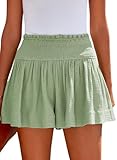 Tincini Shorts Damen Sommer Baumwolle Elastisch High Waist Kurze Hosen Causal Rüschen Strandshorts Einfarbig Freizeit Shorts Sweatpants (Grün,XL)