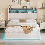 Hydraulisches Bett 140 x 200 mit Bettkasten und Lattenrost, Polsterbett 160 x 200, Doppelbett mit LED-Beleuchtung und USB-Ladefunktion, Stauraumbett mit Kopfteil, Samt, Ohne Matratze (Weiß, 140*200)