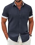 COOFANDY Herren Hemd Kurzarm Freizeithemd Baumwolle Sommerhemd Casual Strand Hemden mit Brusttasche Dunkelblau XL