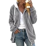 Damen Mantel Kapuzenjacke Warm Winterjacke Essentials Hoodie Übergangsjacke Plüschjacke Fleecejacke Oversize Sweatjacke mit Taschen Lässige Wintermantel mit ReißVerschluss Outdoor Baumwolle Kleidung