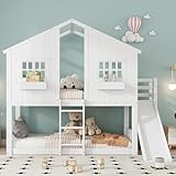 ComfortXL Etagenbett Kinder mit Rutsche und Fenster, Dachhaus Design, mit Leiter und Fallschutz, Kiefer MDF Holz, für Kinderzimmer, Weiß (90x200cm)