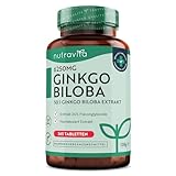Ginkgo Biloba 6250 mg - 365 vegan Tabletten für 1 Jahr - Hochdosiert und premium Qualität Gingko - Ginko Extrakt hochkonzentriert - Extrakt 50:1 - Enthält 24% Flavonoglykoside - Nutravita