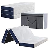 Hiimgo Faltmatratze 75 x 195 x 15 cm, 4-teilig Klappbar - Faltbare Klappmatratze mit abnehmbarem Bezug, Gästematratze für Reisen Camping Gästebett (Weiß & Blau)