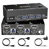 HDMI USB3.0 KVM Switch 2 PC 2 Monitore 8K@60Hz, EDID Emulator,Dual Monitor KVM Switch HDMI 4K@120Hz mit 4 USB 3.0 Ports für 2 PC/Laptops teilen sich Maus, Tastatur, Kabelfernbedienung und Kabel