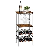 smusei Weinregal, Freistehend Flaschenregal mit Tischplatte & Weinglashalter, 4-stufiger Weinschrank Holz für 8 Flaschen Wein, Weinaufbewahrungsorganisator für Küche Weinkeller Bar - Braun