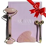 ARI ANWA Premium Kollektion - Face Yoga Kit: Gua Sha Rosenquarz, Rosenquarz Gesichtsroller + 3D Massager | Straffe Haut & Definierte Konturen - Gua Sha und Gesichtsroller Set