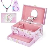 hombrima Musik Schmuck Box mit Schublade Halskette Armband, Musikalischer Schmuck Aufbewahrungskoffer mit Spinning Ballerina Geschenk Set für Kinder Mädchen Kinder Tochter