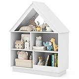 DREAMADE Kinderregal im Hausform, Spielzeugregal mit 5 offene Fächern, rutschfesten Füßen & Kippsicherung, Bücherregal aus Holz, Aufbewahrungsregal für Kinderzimmer & Kindergarten (Weiß)