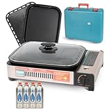 ZMC 2-in-1 tragbarer Gaskocher und Gasgrill + 4 Gaskartuschen 227g, inkl. Grillplatte, Pfanne, Glasdeckel und Koffer, Campingkocher für innen- und Außenbereich, Balkon Tischgrill mit Piezo-Zündung