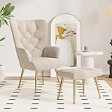 Hawthyhome Eleganter Sessel polsterstuhl Ohnzimmer Sessel Schminktisch Stuhl mit Hocker mit Metall Beinen fürs Wohnzimmer/Schlafzimmer Bis 150 KG belastbar Beige