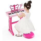 DREAMADE Kinder Keyboard, 37 Tasten E-Piano mit Notenständer & Mikrofon & Hocker, Klavier Spielzeug für Kinder ab 3 Jahren, Belastbar bis 50kg (Rosa)