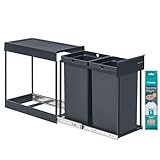 SONGMICS Mülleimer küche, Mülltrennsystem für Unterschrank, 2 x 15 L, Abfalleimer 2 Fächer, ausziehbar, Stahlrahmen, ABS-Deckel, grau LTB950GZ01