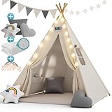 Spielwerk® Tipi Zelt für Kinder Indoor 130x130cm Set mit Bodenmatte Weiß Grau Kinderzelt Lichterkette Girlande Kissen Spielzelt Baumwolle Holz Tasche