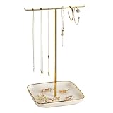 Schmuckständer mit Keramikbasis – Schmuckhalter & Schmuckaufbewahrung, T-förmiger Kettenhalter Schmuckbaum, Schmuck Organizer & Kettenständer Schmuck, Jewelry Stand Organizer für Frauen in Gold & Weiß