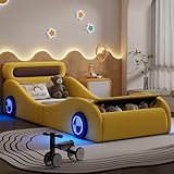 Autobett Kinderbett Jugendbett 90x200, Polsterbett Einzelbett mit leuchtenden Rädern&Stauraum, Aufregendes Auto Kinderbett für kleine Rennfahrer, Kinder Spielbett mit Lattenrost, PU,Ohne Matratze,Gelb