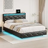 Bett 160 x 200 cm mit LED-Beleuchtung, USB-Anschlüssen, gepolstertes Doppelbett mit Lattenrost und verstellbarem Kopfteil, Bettgestell, Doppelbett, PU (Schwarz, 160 x 200 cm)