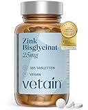 VETAIN Zink 25mg - 365 Tabletten - mit Zinkbisglycinat (Zink-Chelat) - optimal hochdosiert - vegan & ohne Zusatzstoffe - produziert & laborgeprüft in Deutschland