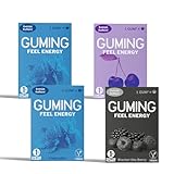 GUMING 40x Energy Kaugummi mit 60mg Koffein/Gum, Guarana, Vitamin C & B6, Vegan, zuckerfrei (40 Stück, 4 Packungen a 10 Gums: Minze, Kirsche, Beere)