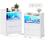 Brinlawb Nachttisch 2er set Nachttisch mit Ladefunktion und LED-Licht Nachtschrank 2er set mit 2 Schubladen Und 1 Offenes Fach Beistelltisch Weiss Couchtisch Sofatisch für Schlafzimmer Wohnzimmer Weiß