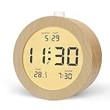 aboveClock Wecker Digital, Batteriebetriebene Uhr Tischuhr, LCD Alarm Clock Wecker Holz mit Temperaturanzeige, Snooze, Hintergrundbeleuchtung für Schlafzimmer Schreibtisch Reisen【Holz】