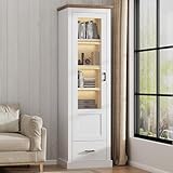 Merax Vitrine mit LED-Lichtern, Glasvitrine mit Schubladen und 5 Fächern, Modern Vitrinenschrank Bücherschrank Sammlervitrine, Hochschränk für Küchen Wohnzimmer Schlafzimmer Büro Eingang, Weiß, 178cm