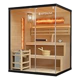 Artsauna Saunakabine Vantaa 150 mit Salzstein - Indoor Sauna 3 Personen - 4,5 kW Ofen, Glasfront, LED Licht, Thermometer & Sanduhr - Komplett Set