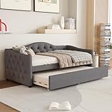 Daybettt, 90x200cm Tagesbett mit ausziehbarem Bett,Schlafsofa, Einzelbett(Ohne Matratze), Leinen, minimalistisches Styling (Grau)