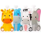 HOMYBABY® [4 Stück] Wiederverwendbare Beutel für Babynahrung – Quetschbeutel mit lustigen Tiermotiven – Nachfüllbare Obst- & Breibeutel für Babys und Kleinkinder + EBOOK