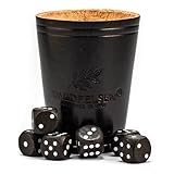 WALDFELSEN® Echtleder Würfelbecher (9 cm) mit 6 Holzwürfeln (16 mm) aus Buchenholz Lederbecher Würfelset Augenwürfel Spielwürfel (Farbe: Schwarz)