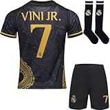 BlackAzat 2023/2024 Madrid #7 Vini Jr. Vinicius Kinder Trikot Fußball Spezielle Golddrachen-Edition, Shorts Socken Jugendgrößen (Schwarz,26)