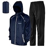 LAMA Regenanzug (Regenjacke + Regenhose) Damen Herren, Reflektierender Regenanzüge wasserdichte Kapuzenjacke, Atmungsaktive Regenjacke Regenhose, Raincoat Rainwear mit Kapuze Kapuzenjacke Marineblau M