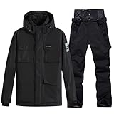 HOUZONIY Herren Skianzug Schneeanzug Atmungsaktiv Winddichte Schneehose Schneejacke mit Abnehmbare Kapuzen zum Skifahren Snowboarden Skisuit(Schwarz+Schwarz XL)
