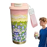 Thermobecher, 500 ml, Wasserflasche mit Kordel und Deckel, auslaufsicher, für heiße oder kalte Getränke, Camping, Party, Arbeitsplatz, Zuhause, Männer und Frauen, 500 ml