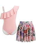 Damen-Badeanzug, 2-teilig, asymmetrisch, Träger, Rüschen, Schwimmen, Montage, Netz, Rock, Badeanzug, bedruckt, Hawaii, Badeanzug, Rosa, 9-10 Jahre