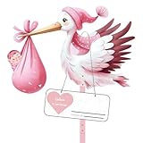Klapperstorch Set zur Geburt Baby,81cm hoch Babystorch,Großer niedliche Holz Klapperstorch für Baby,Beidseitig Bedruckt,Geburtsstorch inkl,Holzstab+ Namensschild Grußkarte