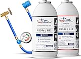 EasyKlima AC Aufladekit Starter Pack mit LeakStop - R134a Air Con Gas, Schlauch mit Manometer - Einfaches, Schnelles Klimaanlagen-Reparatur- und Regas-Kit für Fahrzeuge der Baujahre 1995 bis 2016