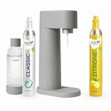 Sparpaket: Mysoda Woody - Wassersprudler aus erneuerbarem Holzkomposit mit 1L BPA-freier Plastikflasche, CO2-Zylinder Classic + CO2-Zylinder Zitrone (Grau)