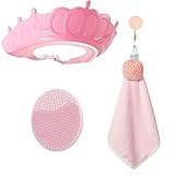 4 Stück Duschhaube Kinder, Haare Waschen Kinderschutz mit 1 Shampoo-Bürste,1waschlappen kinder und 1 Haken, Duschhaube Baby Shower, Entspanntes Haare Waschen(Rosa)