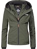 MARIKOO leicht gefütterte Damen Übergangsjacke Kurze Sommerjacke mit kuscheligem Fleece-Innenfutter und großer Kapuze Erdbeere Olive Gr. M