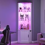 Gurexl 175CM Glasvitrine mit 24 RGB Beleuchtung und Intelligente Sensorik,Stehend Eckvitrine mit 3 Verstellbare Glasböden,Wohnzimmer Schließfächer mit LED,für Trophäen, Figuren,Curio,Weiß
