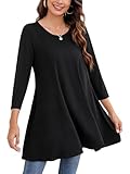Enmain Schwarz Damen Tunika Top für Damen Dreivierte Langarm Blusen Tuniken Longline Bluse Longshirt Casual Rundhals Swing Tunika Tops XL