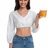 Bluse Damen Weiß - Dirndlbluse Langarm Elegante V-Ausschnitt Knopfleiste Bierbekleidung Trachtenbluse für Oktoberfest & Karneval (Weiß,XL)