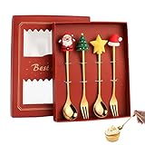 huiba Weihnachts-Kaffeelöffel aus Edelstahl | 4 Stück Weihnachten aus Edelstahl Kaffeelöffel Gabeln mit Geschenkbox, Eiscreme Suppe Zucker Dessert Löffel Rührer